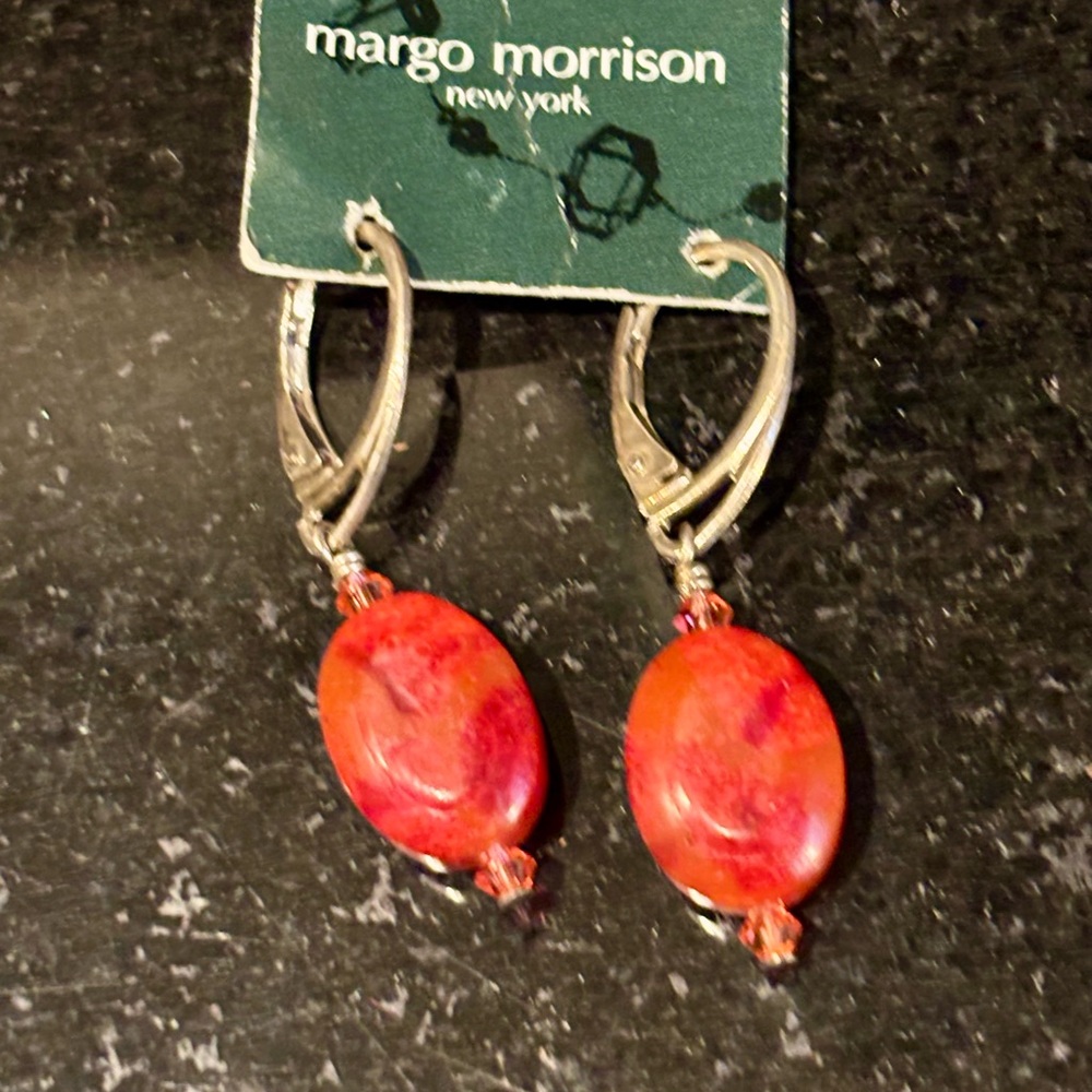 Margo Morrison red beaded and Silver Dangle Earrings. NWT.